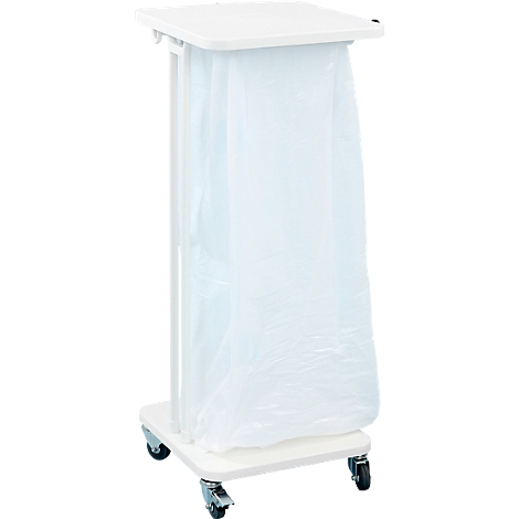 White laundry cart with a square shelf, a plastic bag and four wheels.