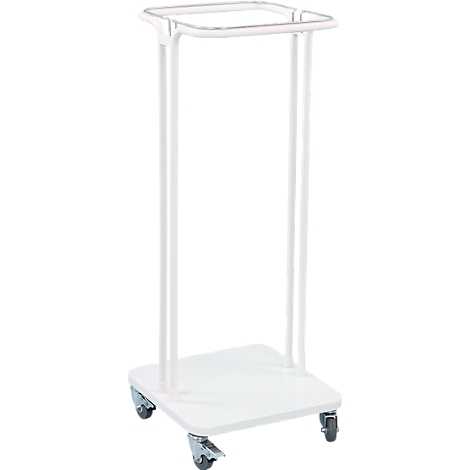 White laundry cart with square frame, vertical bars and castors.
