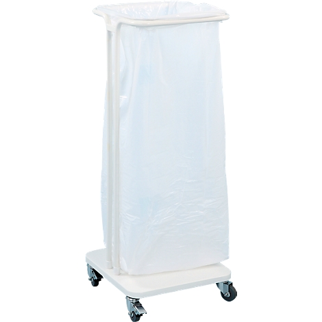 White laundry cart with a white plastic bag. It stands on casters.