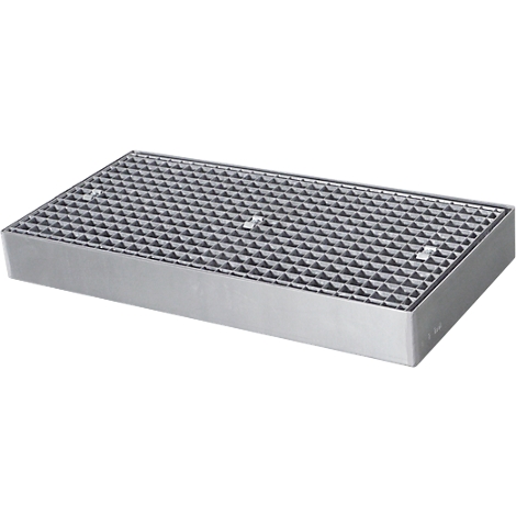 Rectangular, metallic-looking collecting container with grate for liquids.