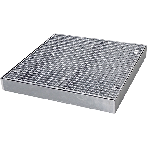 Square metal grate. Grid structure with frame. Gray color, slightly reflective.