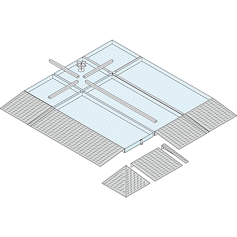 Drawing of a ramp construction set with metal plates and a pyramid-shaped structure.
