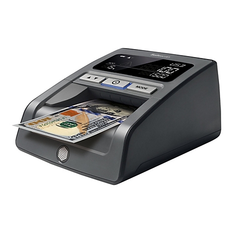 Safescan Falschgelderkennungsgerät prüft eine 100-Dollar-Note vor weißem Hintergrund.