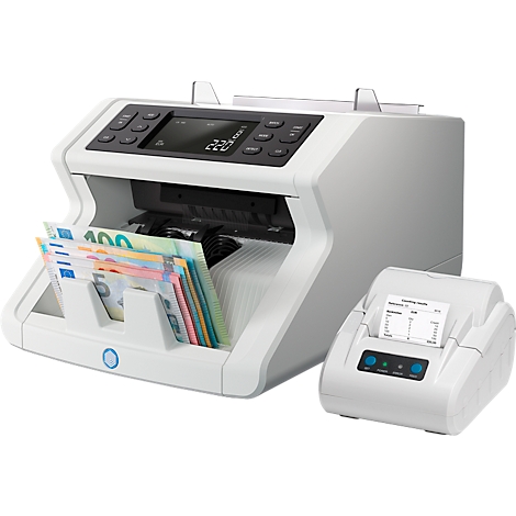 Geldtelmachine met bankbiljetten en printer.
