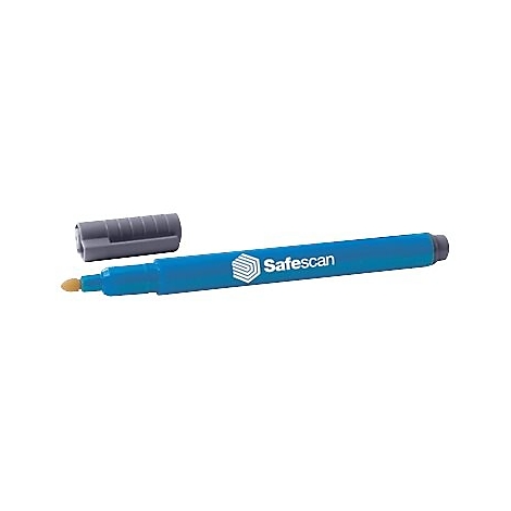 Blauer Safescan-Stift mit grauem Deckel. Der Stift hat eine runde Form und den Safescan-Schriftzug.