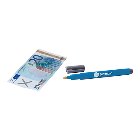 Blauer Safescan-Falschgeldmarker neben einem 20-Euro-Schein mit einer grauen Markierung auf hellem Grund.