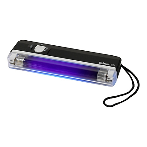 Schwarzes Safescan 40H UV-Licht-Prüfgerät mit Handschlaufe vor weißem Hintergrund.