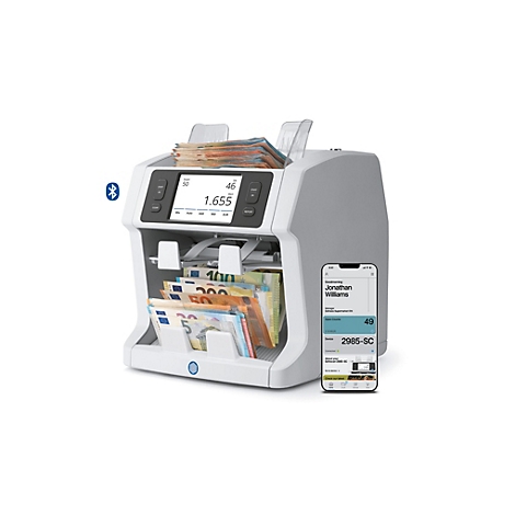 Biljetten telmachine met smartphone display. Biljetten worden geteld en weergegeven. De smartphone toont accountinformatie.