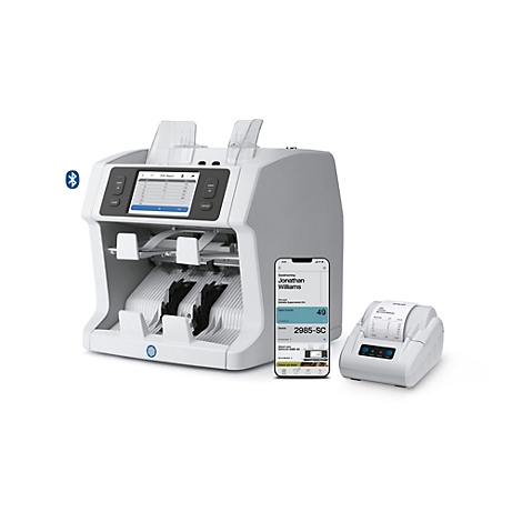 Biljettensteller met smartphone en printer. De teller, smartphone en printer zijn wit.