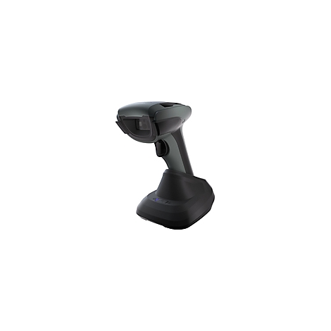 Drahtloser Barcode-Scanner in Schwarz-Grau in Ladestation, Detailansicht.