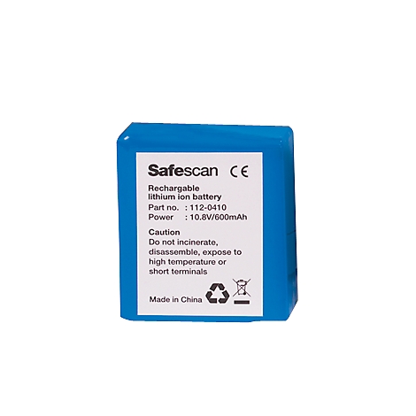 Blue battery with white label, "Safescan" and technical specifications. Cautionary notes and country of origin "Made in China".