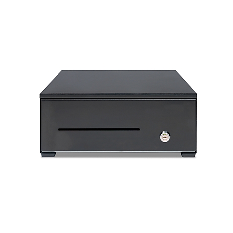 Black cash register with key and slot on a white background.