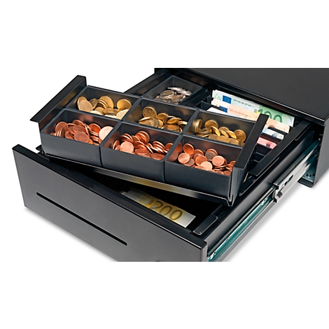 Open cash register filled with coins and banknotes. Copper coins are in the foreground, with gold and silver coins behind.