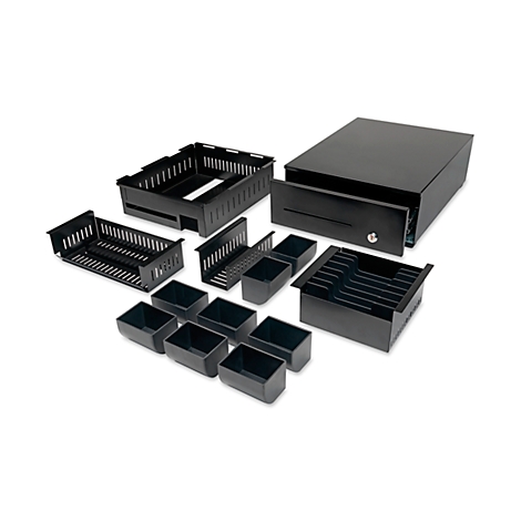 Black cash register with drawer and various insert boxes, on a light background.