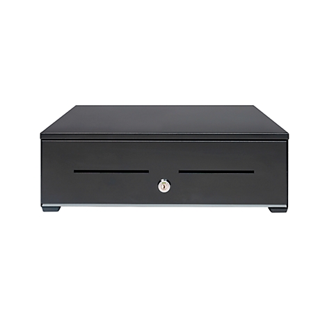 Black cash register with two slot openings and a keyhole. Feet on the bottom.