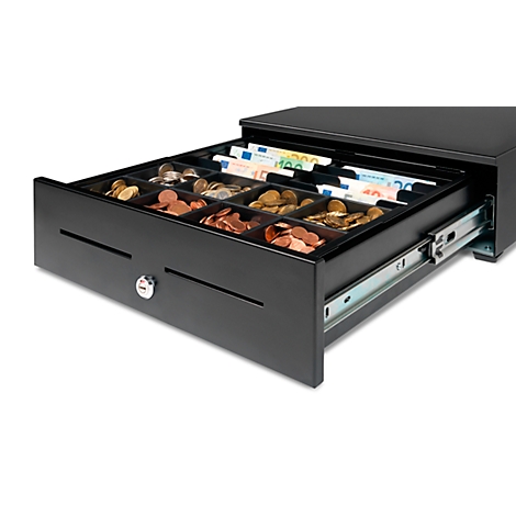 Opened black cash register drawer with coins, bills, and a lock.
