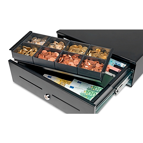 Opened cash register with coins and banknotes. The drawers are filled with different coin denominations and Euro banknotes.