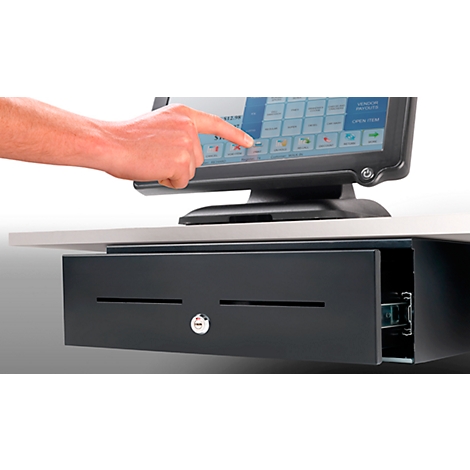 A hand touches a touchscreen, below which is a cash drawer. Buttons and menus are visible on the screen.