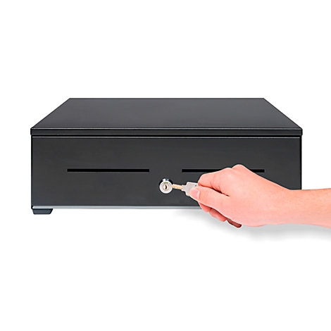 Black cash register drawer with a key in hand, against a white background.