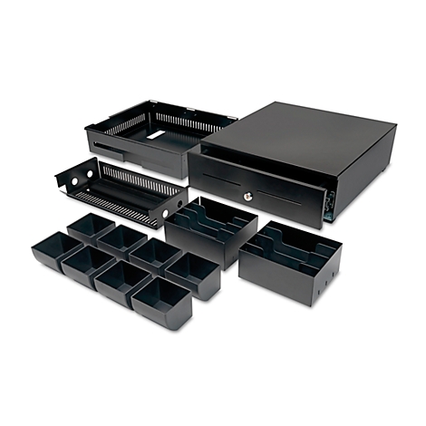 Black cash register with drawers and small compartments removed. Some parts are taken out.