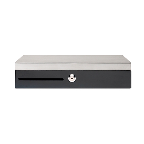 Black cash register with silver top. A key is in the lock.