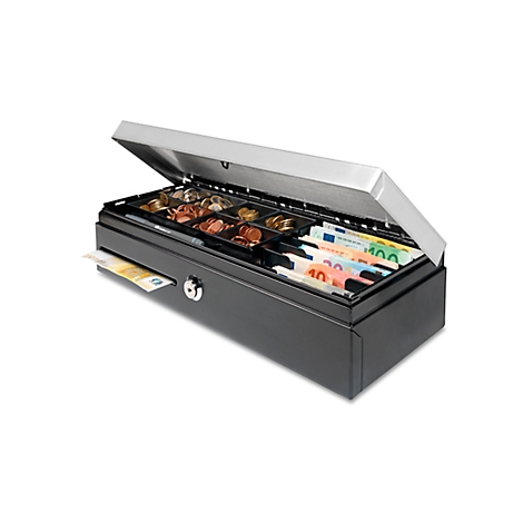 Open black cash register with coins and banknotes. A bill protrudes from the compartment.