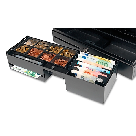 Open cash register with coins and banknotes. Black cash drawer with coin compartments, banknotes and pen.
