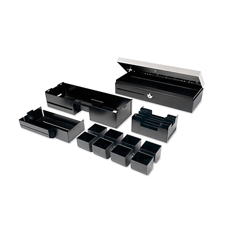 Black cash drawer with removable inserts: bill tray, coin holders, separate drawers. The drawer is open.