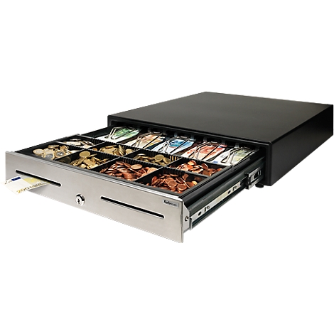 Opened black cash drawer with cash and coins.