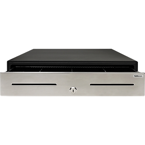 Cash drawer with black top and silver front, SafeScan logo. Two slots, lock.