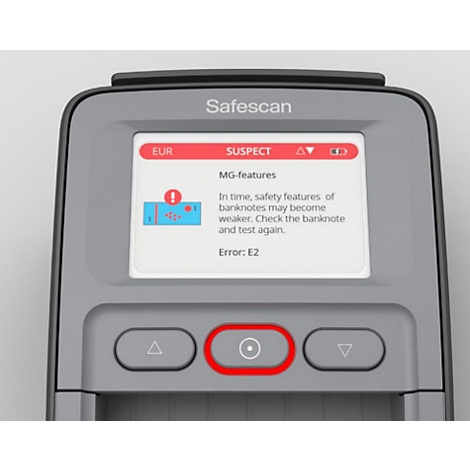 Detailaufnahme eines Safescan-Geräts mit Fehlermeldung auf dem Display: 'SUSPECT'. Ein roter Knopf ist hervorgehoben.