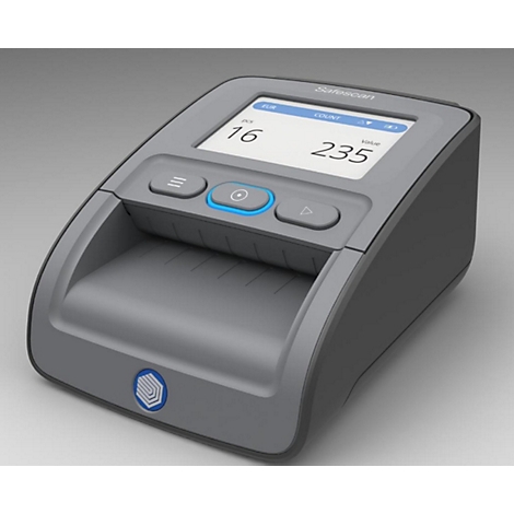 Grauer, elektronischer Zähler mit Anzeige: "16" und "235". Blaue und graue Knöpfe. Safescan-Logo.