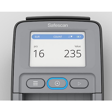 Grauer Safescan-Zähler, der 16 Stück im Wert von 235 Euro anzeigt. Blaue Hervorhebung am mittigen Knopf.