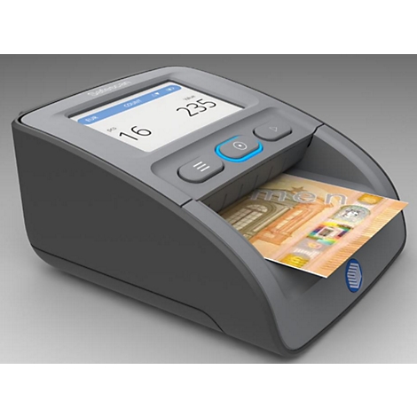 Grauer Banknotenzähler, ein Geldschein wird eingezogen. Auf dem Display stehen Zahlen. Rechts unten Logo.