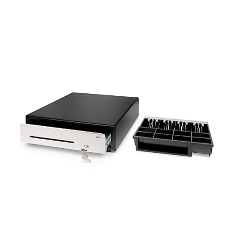 Kasse mit geöffneter Schublade, Schlüssel und herausnehmbarer Geldkassette.