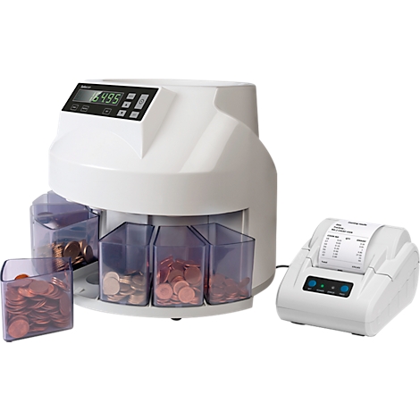Münzzählmaschine mit Digitalanzeige und Drucker, Münzen in verschiedenen Behältern.
