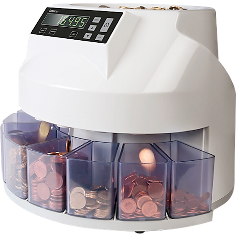Münzzählmaschine mit digitaler Anzeige, zeigt 16,495. Darunter mehrere Fächer mit Münzen.