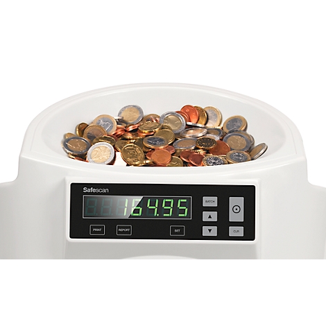 Münzzähler mit Münzen in der Schale, Digitalanzeige mit Wert 164,95 Euro.