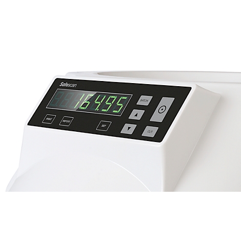 Detailansicht eines weißen Zählgeräts mit einem digitalen Bildschirm, der den Wert 164,95 anzeigt. Auf dem Bildschirm steht "Safescan".