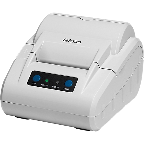 A white Safescan printer with buttons: SET, POWER (green), ERROR, FEED.
