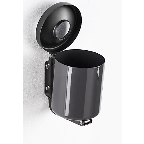 Grey wall-mounted ashtray with lid, fixed to a white wall.