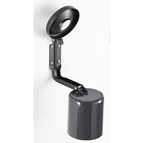 Gray wall ashtray with lid and bracket, mounted on white wall.