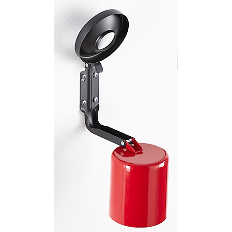 Red, cylindrical wall ashtray structure. Metal structure with lid and bracket on white wall.