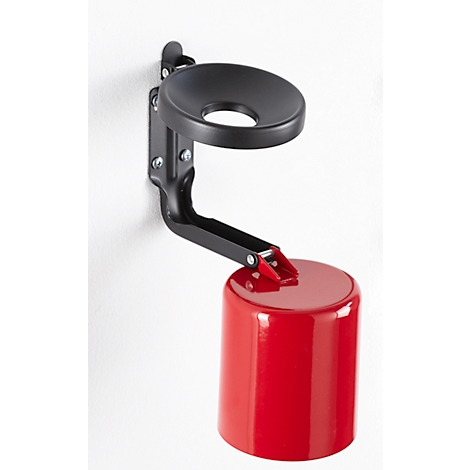 Wall-mounted red waste bin with black holder. The holder is fixed to the wall and has a round opening.