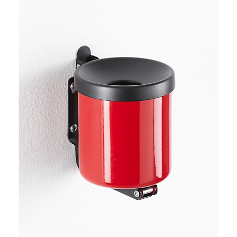 Red wall-mounted ashtray with black lid and bracket.