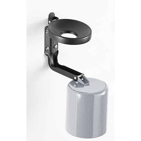 Black metal wall ashtray, gray container. Attached to white wall.