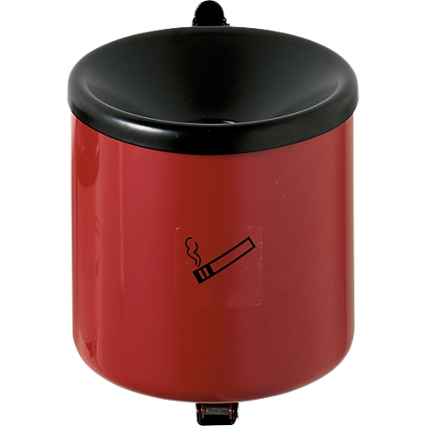 Red, round ashtray with black lid. Sticker with cigarette.