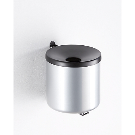 Silver cylindrical wall ashtray with black lid and wall mount.