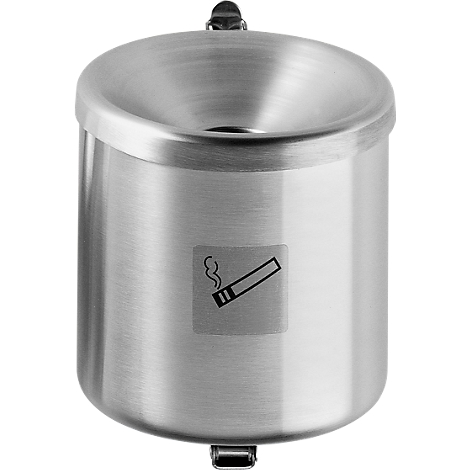 Silver ashtray with tilting device and cigarette symbol.