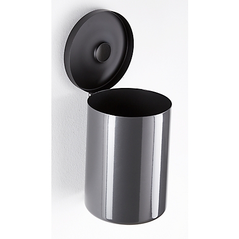 Grey wall-mounted trash can with an open lid. The cylindrical container is fixed to the wall.